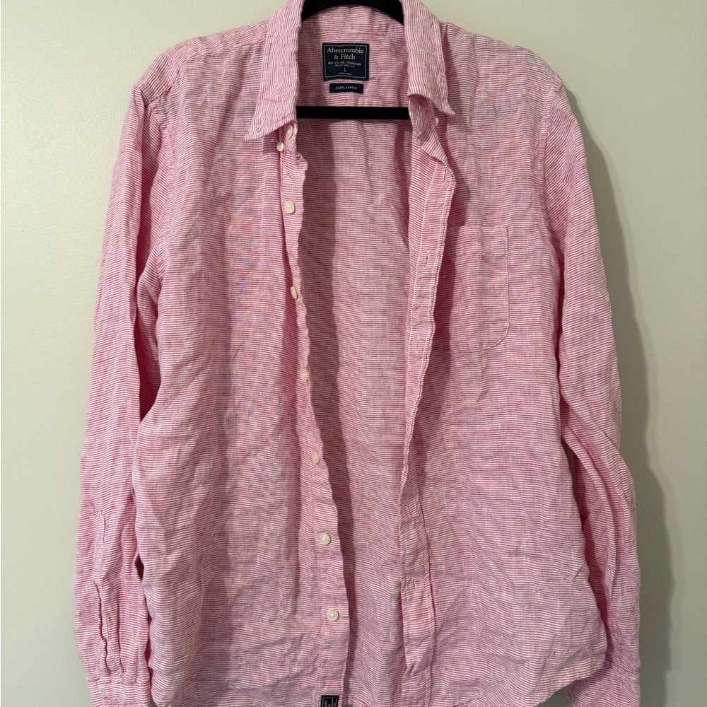 Abercrombie & Fitch Men's Pink Linen-Blend Button-Up Shirt